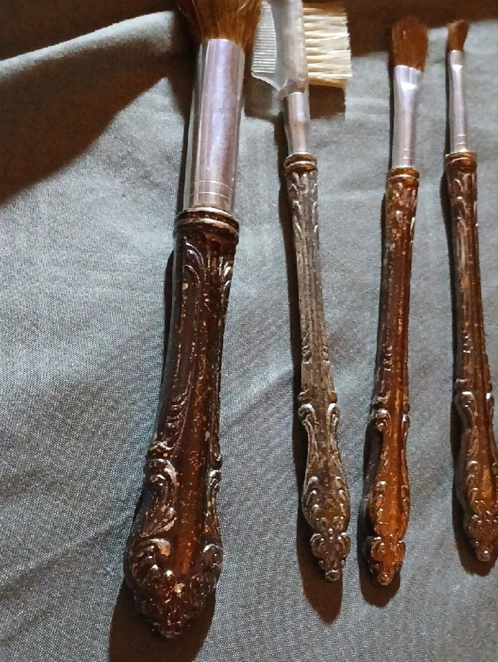 Ornate Silver Makeup Brush Set with Decorative Handles